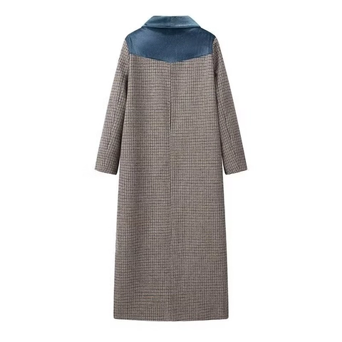 Cappotto Lungo In Lana A Quadri Da Donna Collo In Velluto A Contrasto Giacca In Tweed Pied De Poule Elegante