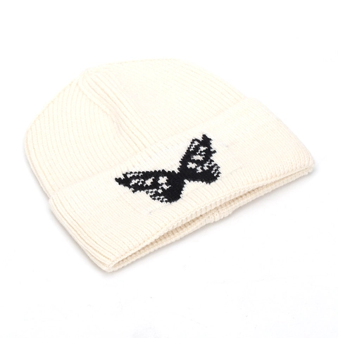 Knitted Beanie Hat Acrylic Warm Winter Outdoor Butterfly Jacquard Pattern Ribbed Cuffed Skull Cap For Women Minimalist