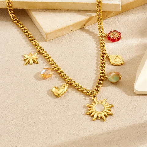Set Di Gioielli Collana E Bracciale In Acciaio Inossidabile Placcato Oro Ciondoli Sole Stella Fiore Cuore Stile Boho Donne