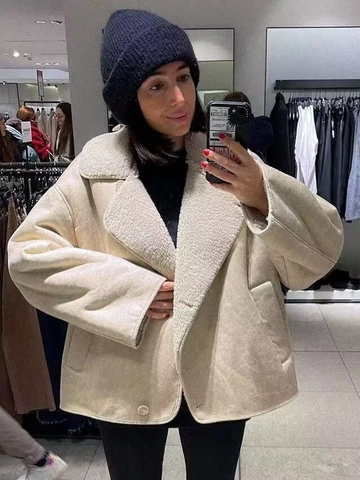 Damen Suede Kunstpelz Lammfell Jacke Reverskragen Dick Warm Geknöpfte Kurze Mantel Winter Streetwear