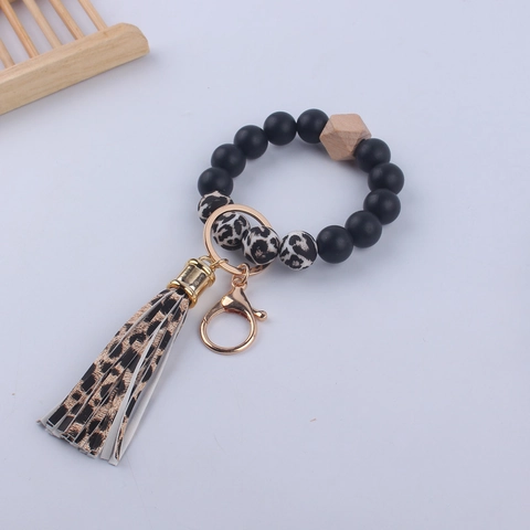 Portachiavi Bracciale Con Perle In Silicone Con Nappa E Perlina In Legno Anello Per Chiavi Donne Motivo Leopardo Marmo