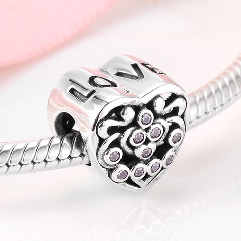 925 Sterling Silber Herz Charm Rosa Zirkon Hohl Liebe Filigran Perle Für DIY Armband Schmuckherstellung Damen Geschenk
