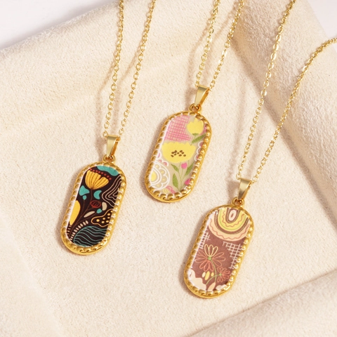 Vintage Pendant Necklace 14K Gold Plated Brass Tarot Card Style Oval Square Enameled Floral Dragonfly Pattern Jewelry