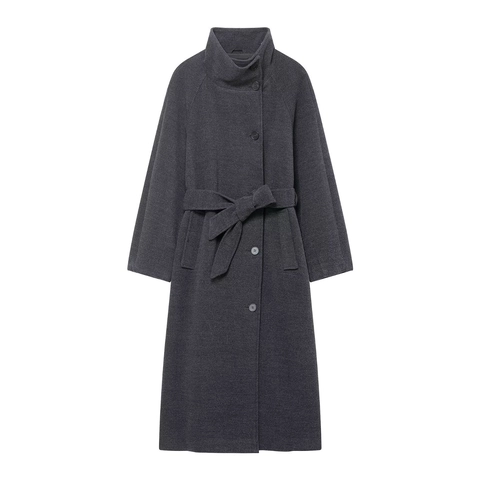 Women Stand Collar Wool Blend Long Coat Belted Casual Fashion Solid Color Outerwear Elegant Windbreaker Jacket