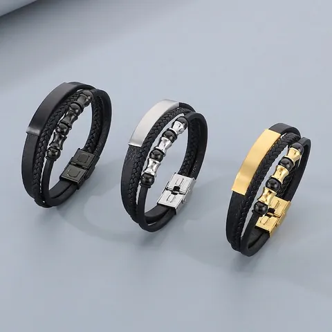 Men Multi Layer Braided Leather Bracelet Stainless Steel Metal Plate Beaded Bangle Magnetic Clasp Fashion Jewelry Casual