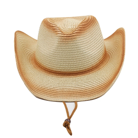 Western Cowboy Straw Hat Gradient Color Wide Curved Brim Adjustable Windproof Rope Outdoor Summer Travel Sun Beach Accessory