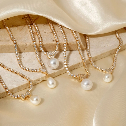 Elegante Collana con Ciondolo in Perla Artificiale di Rame Catena Tennis in Strass di Lusso per Donna Gioielli Matrimonio Festa