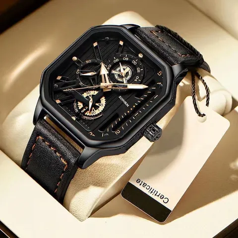Orologio al Quarzo da Uomo Quadrato alla Moda Grande Quadrante Cinturino in Vera Pelle Orologio Sportivo per Ragazzi Business Casual