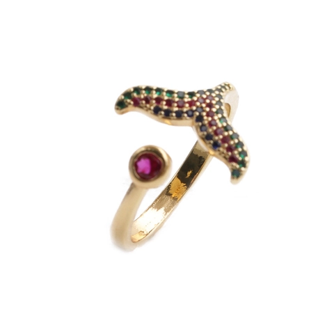 Trendy Whale Fishtail Open Ring Copper Colorful Zircon Micro Inlaid Rhinestone Adjustable Fashion Jewelry For Women
