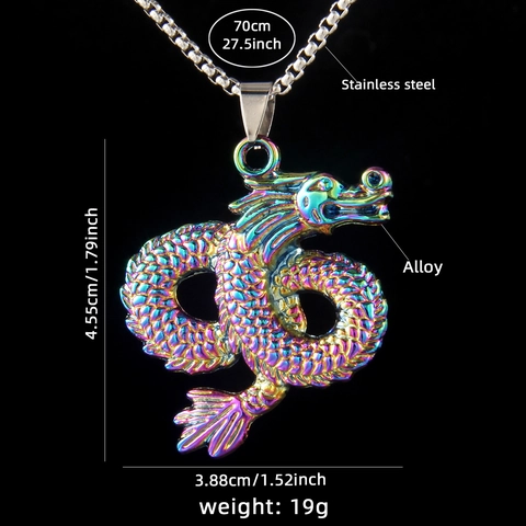 Collier Pendentif Totem Dragon Alliage Et Chaîne En Acier Inoxydable Style Chinois Vintage Arc-En-Ciel Coloré Punk Hip Hop Bijoux