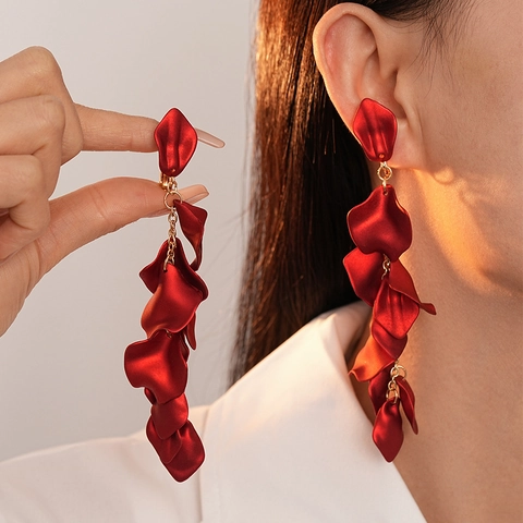 Flower Petal Long Tassel Clip-on Earrings Alloy Acrylic Non-pierced Dangle Bohemian Fashion Jewelry For Women