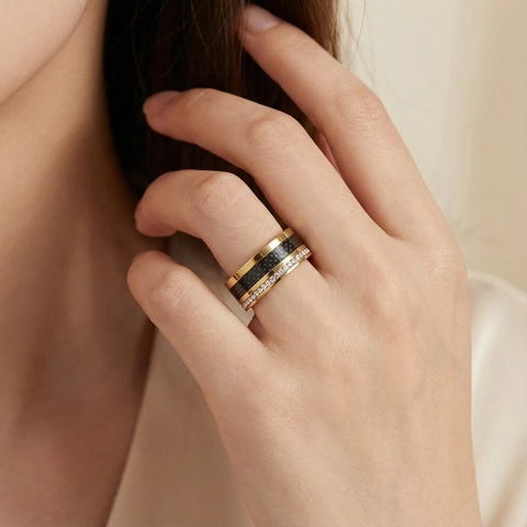 Anillo Acero Inoxidable Fibra Carbono Filas Circonita Diamantes Imitación Banda Ancha Estilo Industrial Joyería