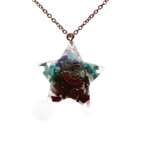 Vintage Orgonite Pendant Necklace Multicolored Crushed Natural Stone Resin Heart Star Teardrop Stainless Steel Chain Healing Jewelry Women Men