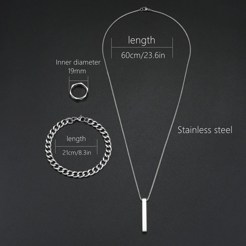 Stainless Steel Necklace Bracelet And Ring Geometric Minimalist Jewelry Set Punk Hip Hop Unisex Accessories