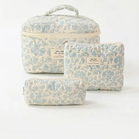 Gewatteerde Katoenen Make-Up Tas Draagbare Reis Toilettas Cosmetische Organisator Bloemenprint Rits Opslag Handtas