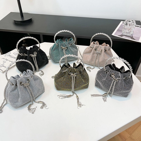 Fashion Rhinestone Mini Bucket Bag For Women Elegant Bling Crossbody Bag With Metal Chain Strap Evening Party Handbag