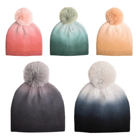 Women Gradient Tie-Dye Knit Beanie Hat With Faux Fur Pom-Pom Winter Warm Ear Protection Outdoor Ski Skull Cap