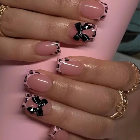 Faux Ongles à Coller Léopard Français Avec Nœud 3D Rose Noir Cœur Carré Amande Kit Faux Ongles Pour Femme Manucure