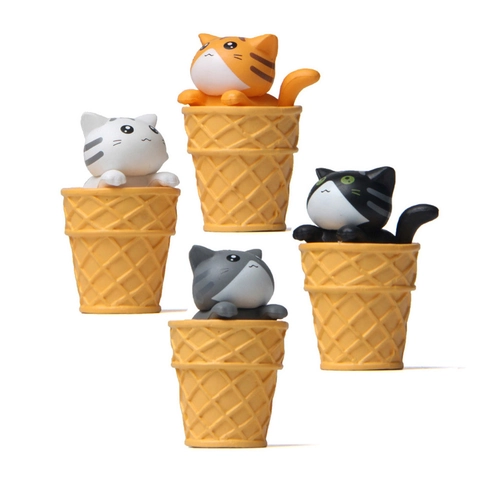 Figurine Chat Mignon Dans Cône De Glace Gaufre PVC Résine Ornement Bureau Micro Paysage Décoration Jouet Animal