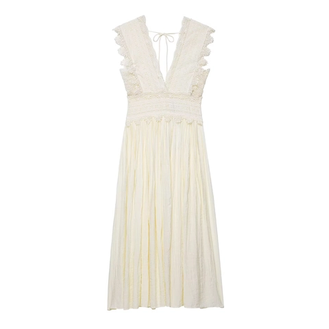French Style Ivory Lace Maxi Dress Sleeveless Deep V Neck Elegant Hollow Out Pleated Long Splicing Dress For Women