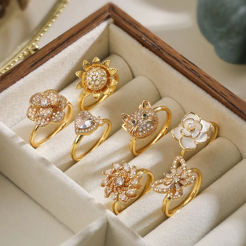 Adjustable Open Ring Copper Plated 18K Gold Micro Pave Zircon Flower Butterfly Heart Animal Shapes Rotating Fashion Jewelry