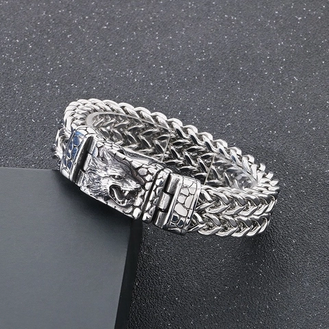 Herren Armband 316L Edelstahl Wolfskopf Verschluss Geflochtene Kette Punk Heavy Metal Gothic Biker Schmuck Hand Accessoire