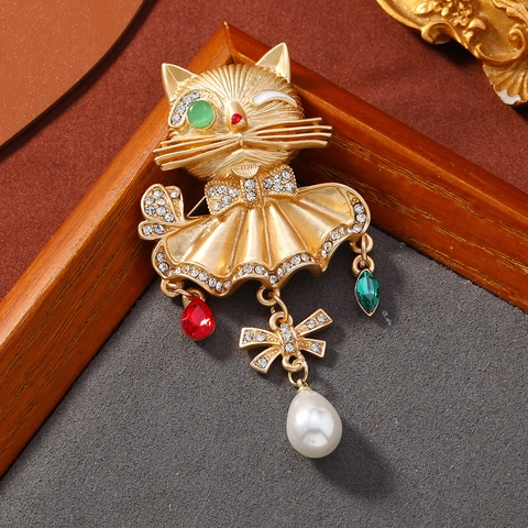 Spilla Gatto Oro Opaco Vintage Spilla Animale In Lega Con Pietra Occhio Di Gatto Strass E Ciondolo Perla Artificial Per Accessorio Cardigan Donna