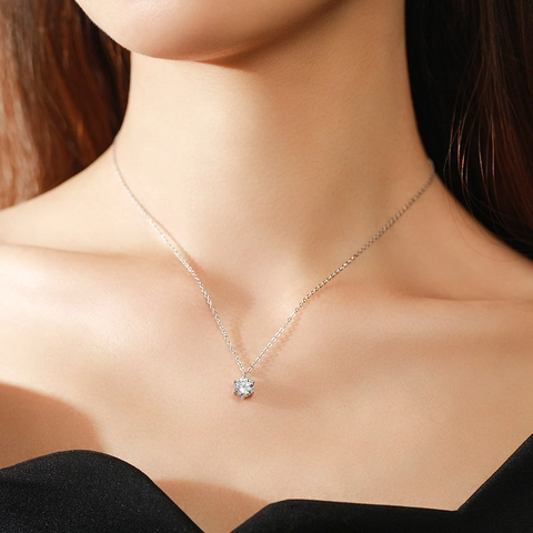 Solitaire Pendant Necklace 925 Sterling Silver Round Cubic Zirconia Prong Setting Minimalist Elegant For Women