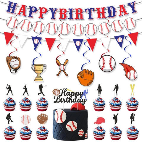 Honkbal Thema Verjaardagsfeestje Decoratie Banner Ballonnen Taart Toppers Hangende Spiralen Honingraat Ornamenten Rood Wit Blauw