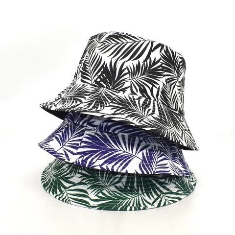 Tropical Palm Leaf Print Bucket Hat Cotton Polyester Reversible Sun Protection Beach Travel Outdoor Casual Women Accessory