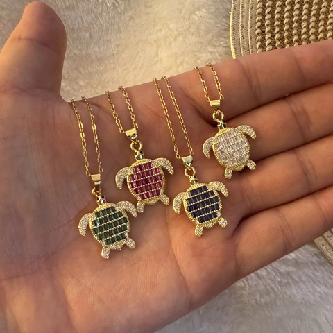 Collana Con Ciondolo Tartaruga Marina In Acciaio Inossidabile Catena Per Clavicola Con Zirconia Cubica Rettangolare Colorata