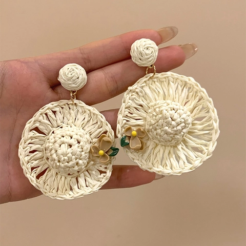 Woven Raffia Straw Hat Stud Earrings With Silver Earring Post Bohemian Floral Summer Holiday Style Jewelry For Women