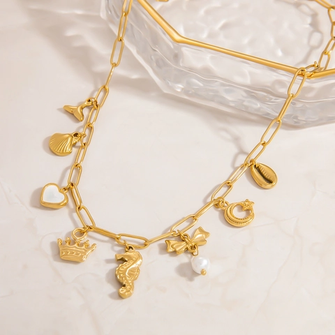 Collana Con Catena A Graffetta In Acciaio Inossidabile Placcato Oro Con Ciondoli A Forma Di Cavalluccio Marino Cuore Perla Artificial Per Donna