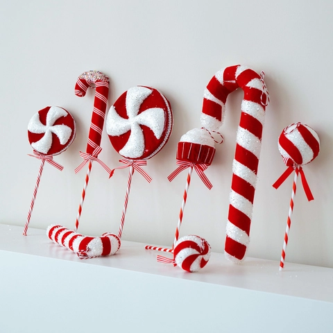 Christmas Candy Cane Lollipop Ornaments Red White Striped Glitter Foam Fabric Hanging Holiday Tree Decor