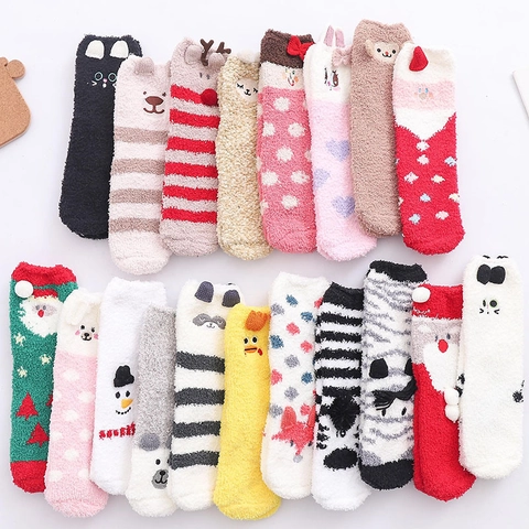 Chaussettes En Molleton De Corail Chaudes D'hiver Dessin Animé Animal Noël Père Noël Bonhomme De Neige Brodé Peluche