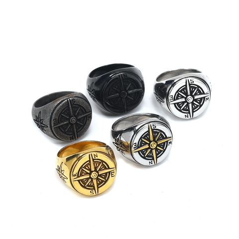 Vintage Compass Signet Ring For Men Stainless Steel Titanium Nautical Star Retro Punk Hip Hop Jewelry Accessory
