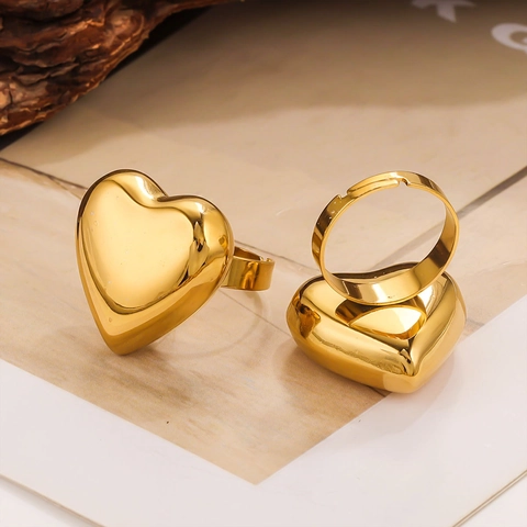 Polished Heart Open Ring For Women 18K Gold Plated Stainless Steel Adjustable Large Heart Finger Ring Jewelry Accessories