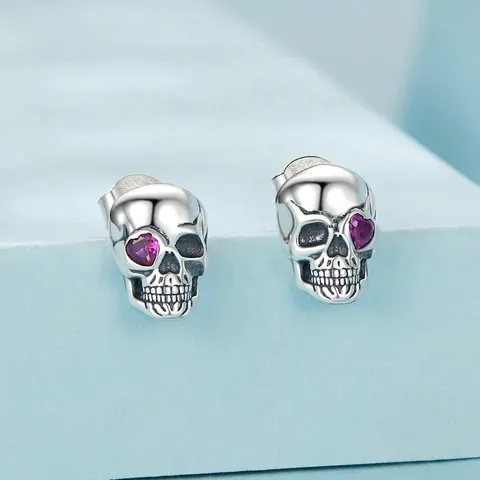 Gothic 925 Sterling Silver Skeleton Skull Stud Earrings Purple Heart Rhinestone Punk Dark Style Halloween Jewelry Women
