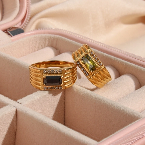 Fashion Rectangle Zirconia Ring Stainless Steel 18K Gold Plated Grooved Band Jewelry For Women Vintage Luxury Style