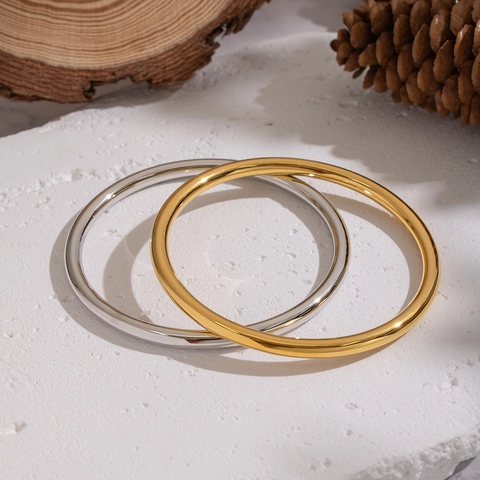 Minimalist Stainless Steel Round Bangle For Women Vacuum Plated 18K Gold Silver High Gloss Geometric Plain Bracelet Jewelry