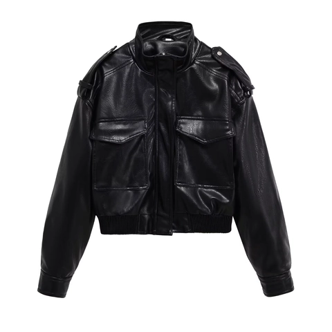 Veste En Similicuir PU Femme Style Moto Courte Streetwear Col Montant Multi Poches Fermeture Éclair