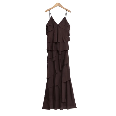 Vestido Maxi De Capas Sexy Cuello En V Sin Mangas Con Tirantes Color Sólido Borde Sin Terminar Elegante Vestido Largo Mujeres