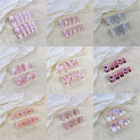 Faux Ongles à Presser Faits Main Design 3D Fleur Papillon Œil de Chat Strass Ongles Réutilisables pour Femme Kit Manucure