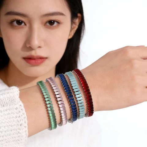 Minimalist Rectangular Cut Zirconia Tennis Bracelet For Women Colorful Inlaid Alloy Chain Jewelry Elegant Wristband Accessory Gift