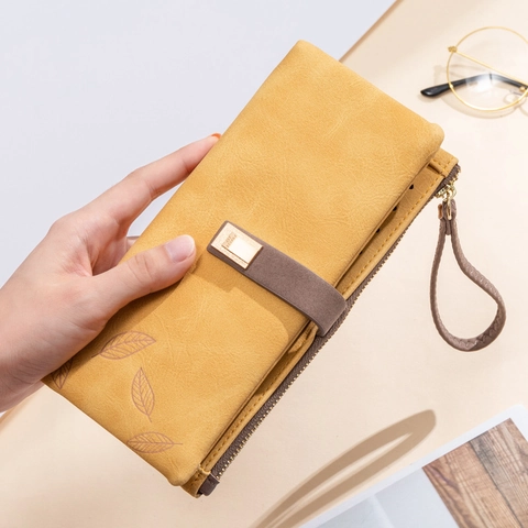 Portafoglio Lungo Da Donna Retro Pelle PU Opaca Goffrata Con Foglie Pochette Porta Cellulare Con Cinturino Da Polso