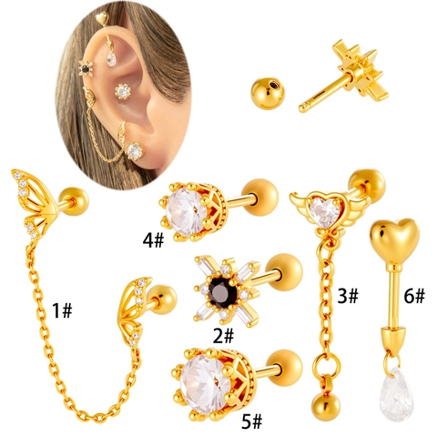 Titanium Steel Helix Piercing Studs Copper Cubic Zirconia Butterfly Heart Crown Star Screw Back Cartilage Earrings