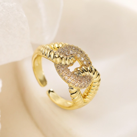 18K Gold Plated Copper Open Adjustable Ring Zirconia Micro Pave Geometric Shell Niche Jewelry For Women