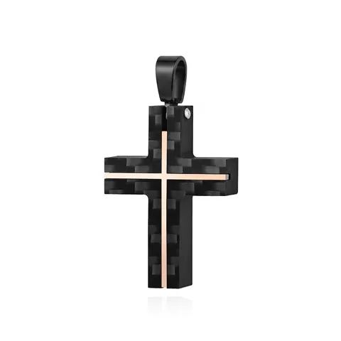 Collier Pendentif Croix Pour Hommes Acier Inoxydable Texture Fibre De Carbone Incrustation Noir Mat Bijou Religieux