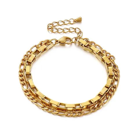 Double Layer Chain Bracelet Stainless Steel Figaro Box Links Adjustable Geometric Trendy Jewelry For Men Women