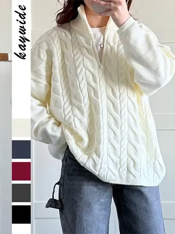 Women Cable Knit Sweater Half Zip Stand Collar Long Sleeve Loose Fit Polyester Acrylic Blend Solid Color Casual Top